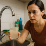 Torneira com agua levemente turva sendo avaliada em uma cozinha residencial