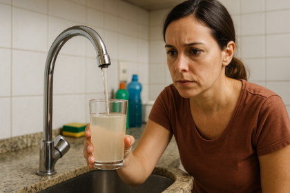 Torneira com agua levemente turva sendo avaliada em uma cozinha residencial