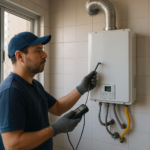 Tecnico verificando aquecedor a gas em area de servico ventilada