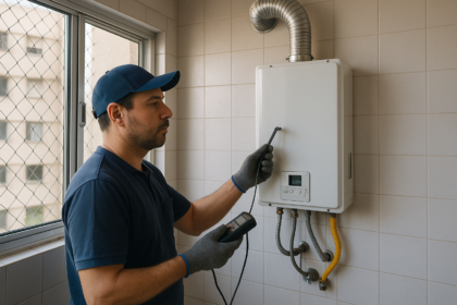 Tecnico verificando aquecedor a gas em area de servico ventilada