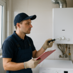Tecnico verifica aquecedor a gas em area ventilada de apartamento