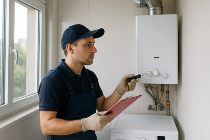 Tecnico verifica aquecedor a gas em area ventilada de apartamento