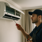 Tecnico verificando ar-condicionado de parede com sinal de gotejamento interno em ambiente residencial