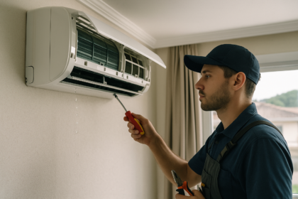 Tecnico verificando ar-condicionado de parede com sinal de gotejamento interno em ambiente residencial