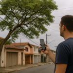 Morador observando árvore próxima à rede elétrica enquanto aciona atendimento especializado