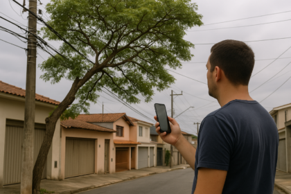 Morador observando árvore próxima à rede elétrica enquanto aciona atendimento especializado