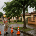 Profissional avaliando árvore próxima da rede elétrica em área residencial após chuva forte