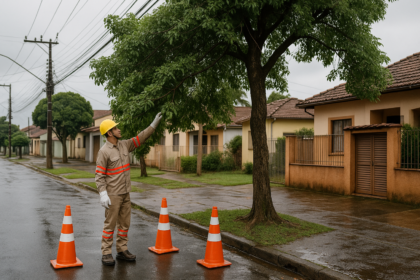 Profissional avaliando árvore próxima da rede elétrica em área residencial após chuva forte