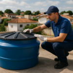 Profissional realizando inspeção de caixa d'água residencial com foco em higiene e vedação segura