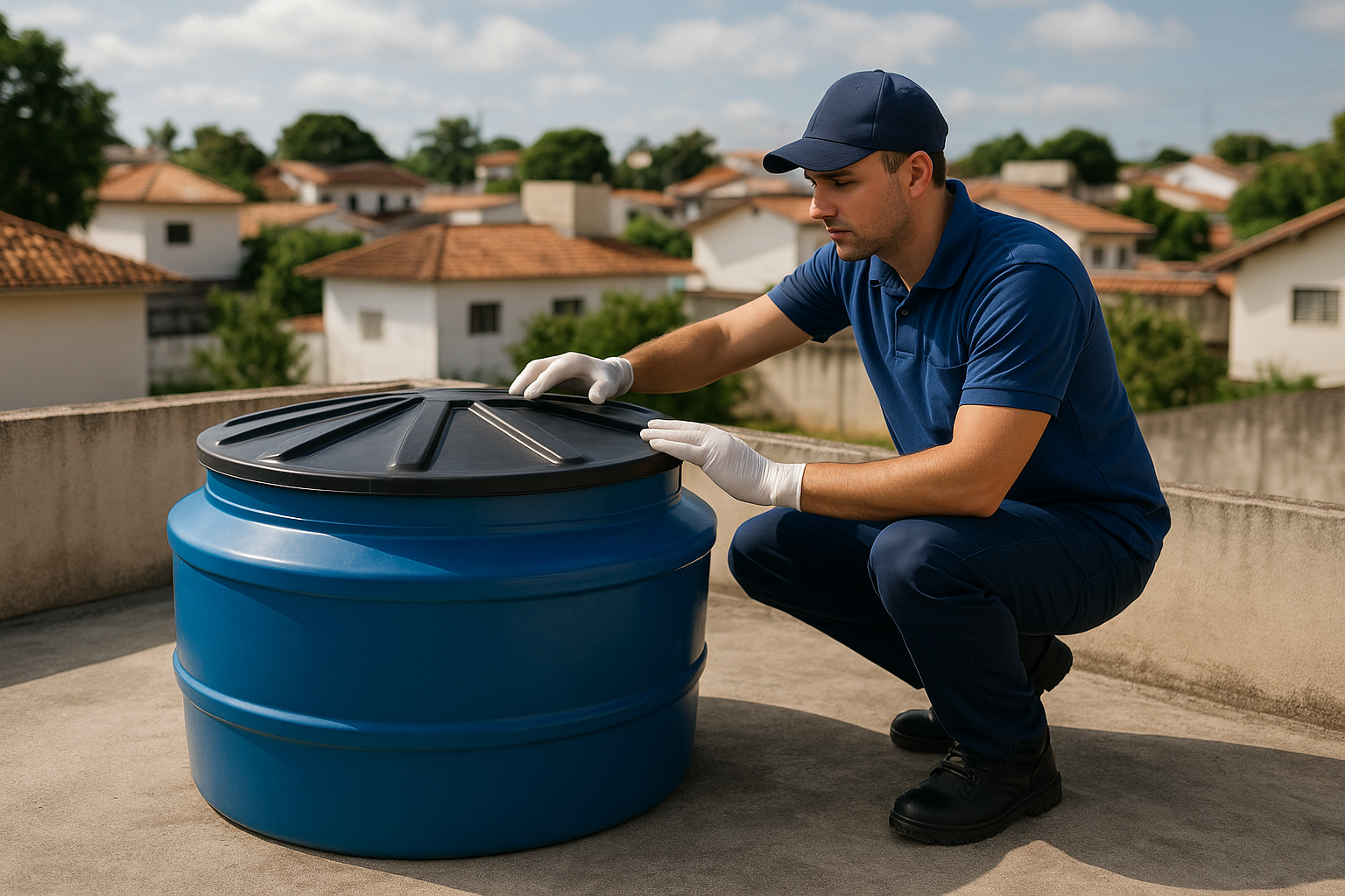 Profissional realizando inspeção de caixa d'água residencial com foco em higiene e vedação segura