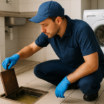 Caixa de gordura residencial sendo inspecionada por profissional com equipamentos de proteção
