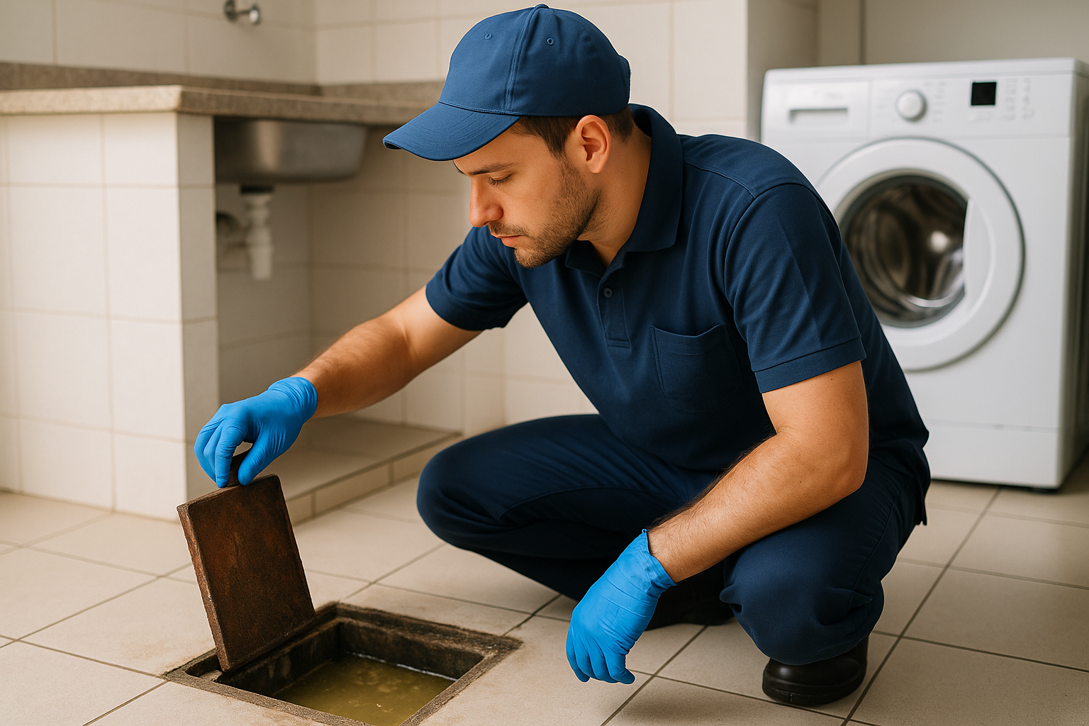 Caixa de gordura residencial sendo inspecionada por profissional com equipamentos de proteção