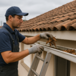 Profissional inspecionando calha residencial antes de chuva forte
