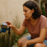 Moradora verificando hidrômetro após aumento inesperado na conta de água