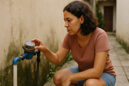 Moradora verificando hidrômetro após aumento inesperado na conta de água