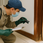 Inspecao profissional em batente de porta com sinais de cupim
