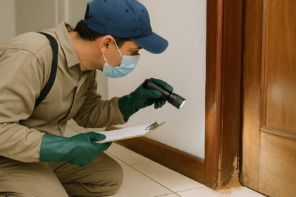 Inspecao profissional em batente de porta com sinais de cupim