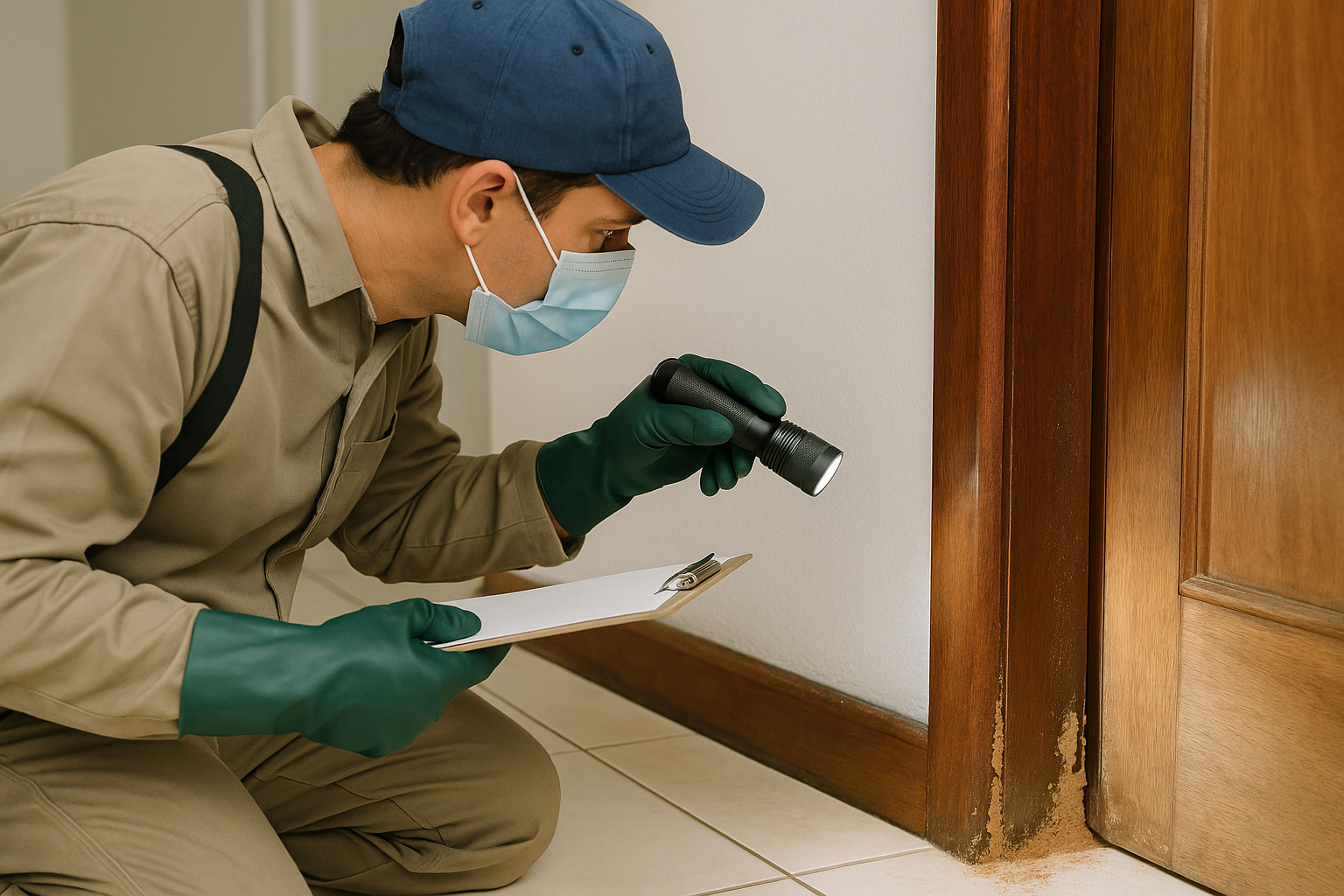 Inspecao profissional em batente de porta com sinais de cupim