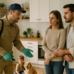 Profissional de controle de pragas orientando moradora em ambiente residencial seguro