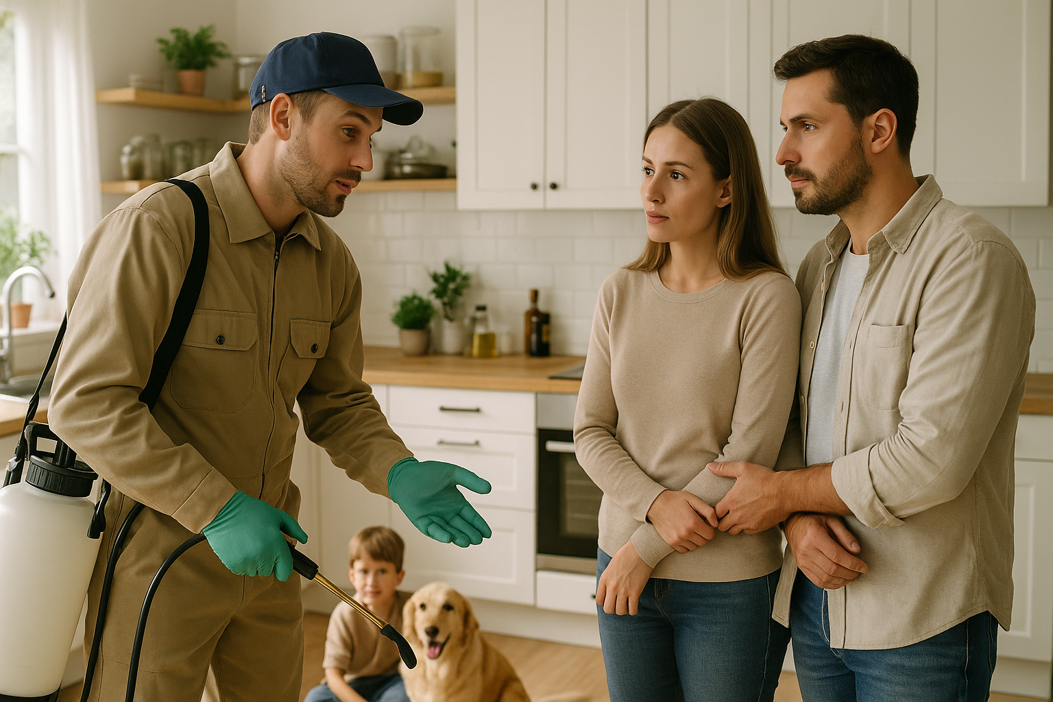 Profissional de controle de pragas orientando moradora em ambiente residencial seguro