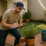 Moradora inspecionando quintal para eliminar agua parada e prevenir dengue