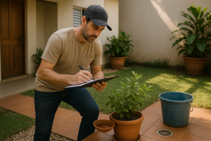 Moradora inspecionando quintal para eliminar agua parada e prevenir dengue