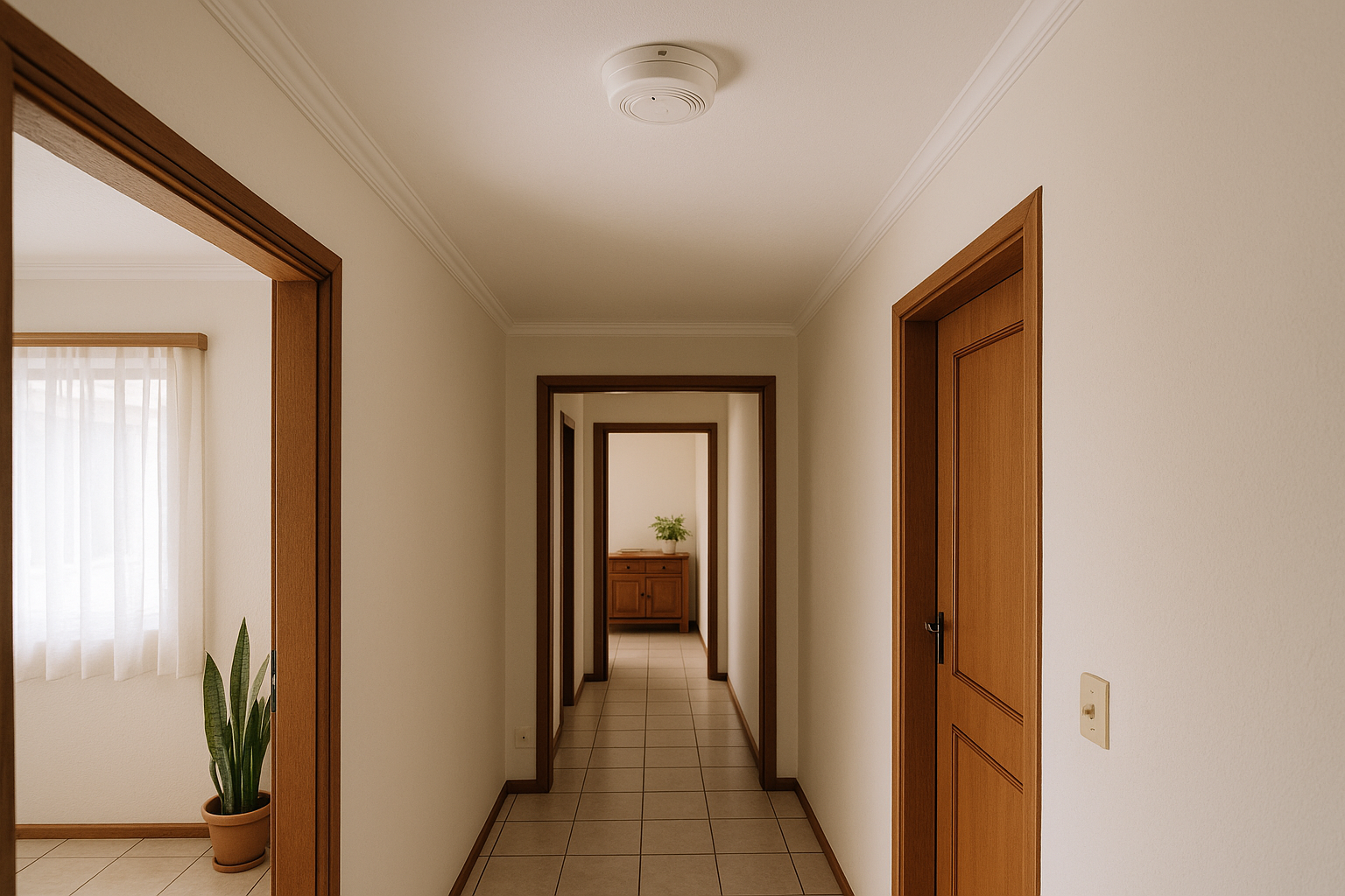 Detector de fumaça instalado no teto de um corredor residencial