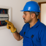 Eletricista analisando quadro de disjuntores em residência