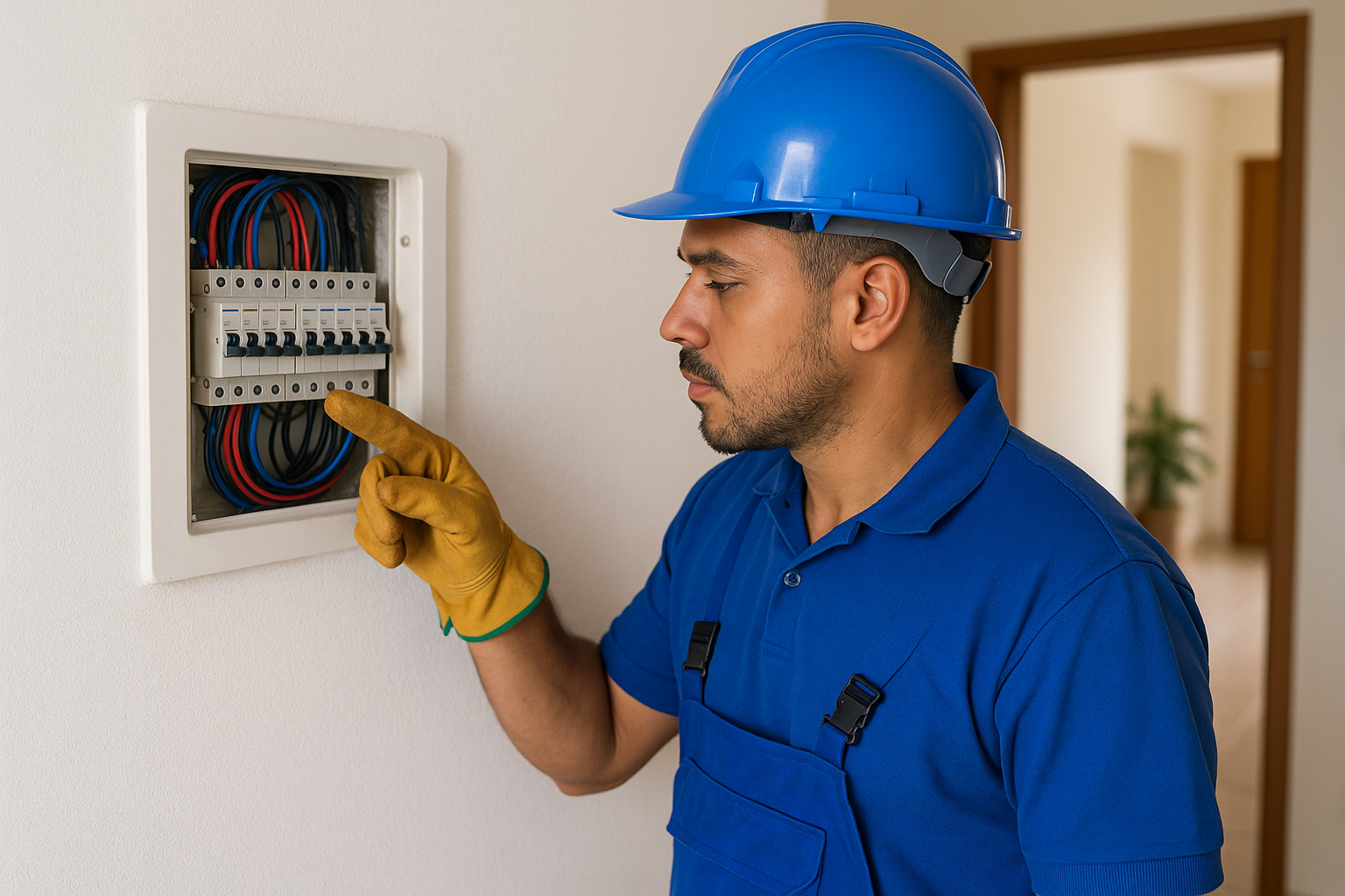 Eletricista analisando quadro de disjuntores em residência