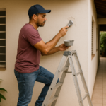 Pessoa usando escada domestica de forma segura em manutencao residencial