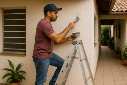 Pessoa usando escada domestica de forma segura em manutencao residencial