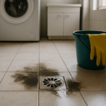 Ralo de area de servico com alerta de retorno de esgoto em ambiente residencial