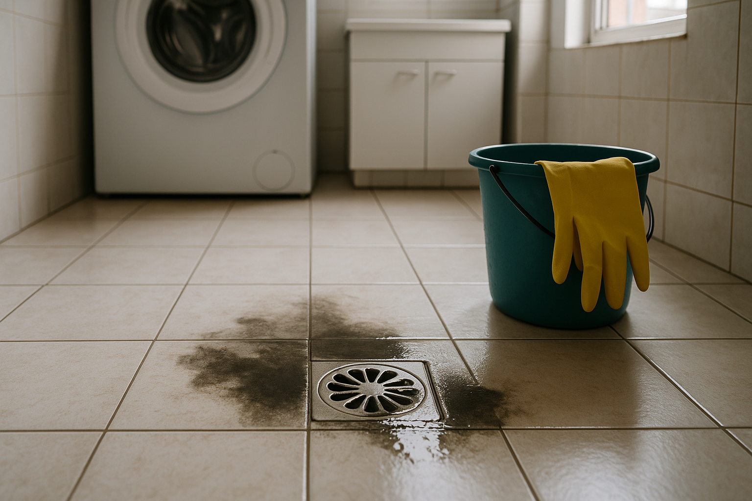 Ralo de area de servico com alerta de retorno de esgoto em ambiente residencial