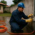 Extensão elétrica apropriada para área externa conectada em tomada protegida, com chão seco no quintal