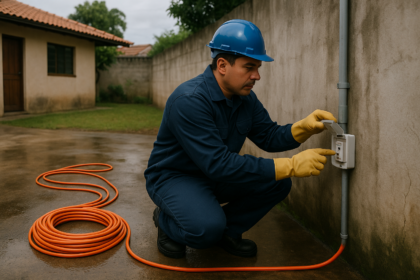 Extensão elétrica apropriada para área externa conectada em tomada protegida, com chão seco no quintal