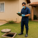 Area externa de casa com tecnico avaliando sistema de fossa septica