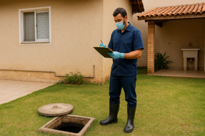 Area externa de casa com tecnico avaliando sistema de fossa septica
