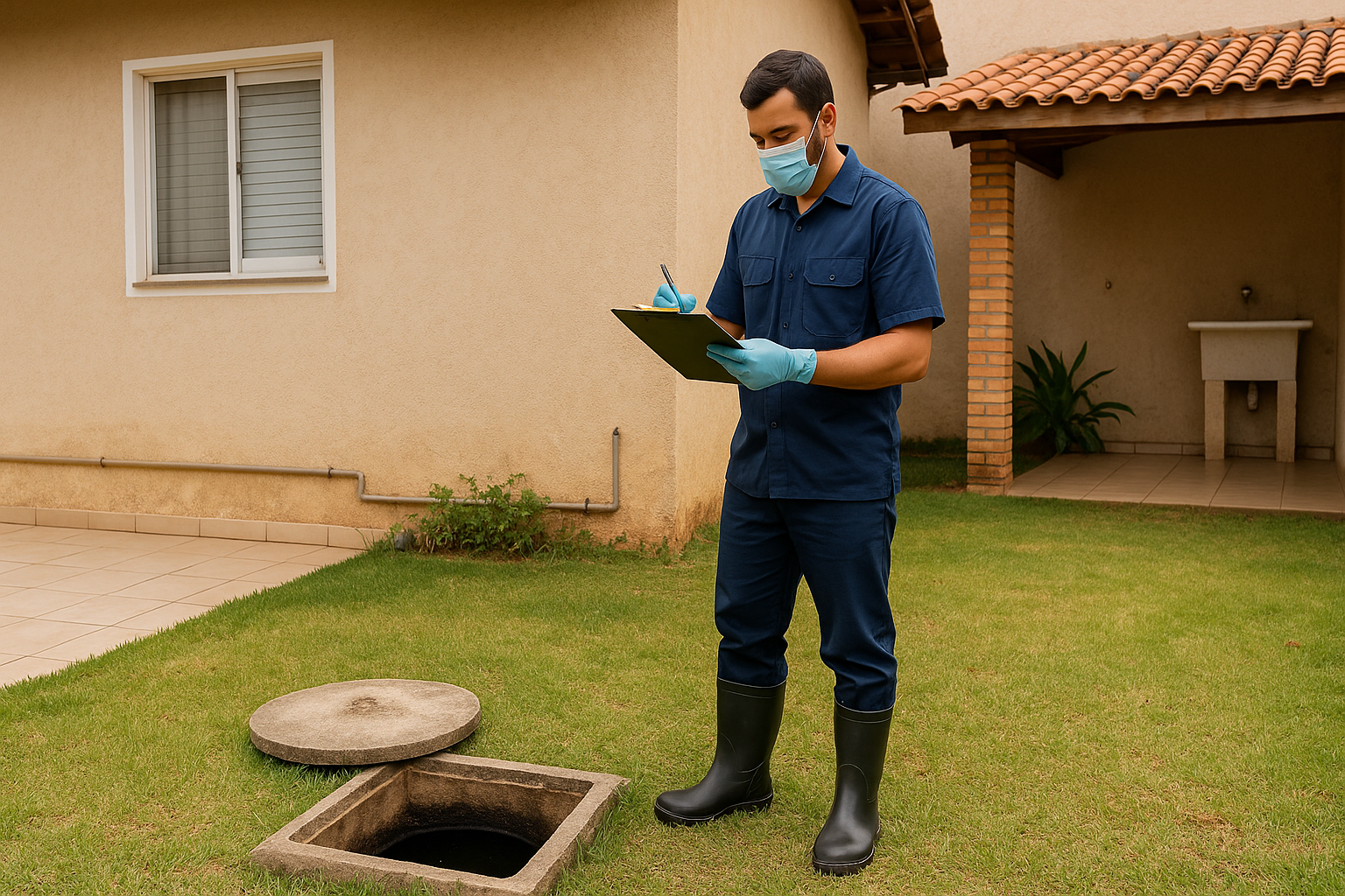 Area externa de casa com tecnico avaliando sistema de fossa septica
