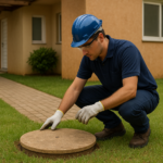 Área externa de casa com tampa de fossa séptica sendo inspecionada por técnico equipado