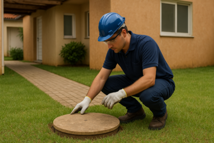 Área externa de casa com tampa de fossa séptica sendo inspecionada por técnico equipado