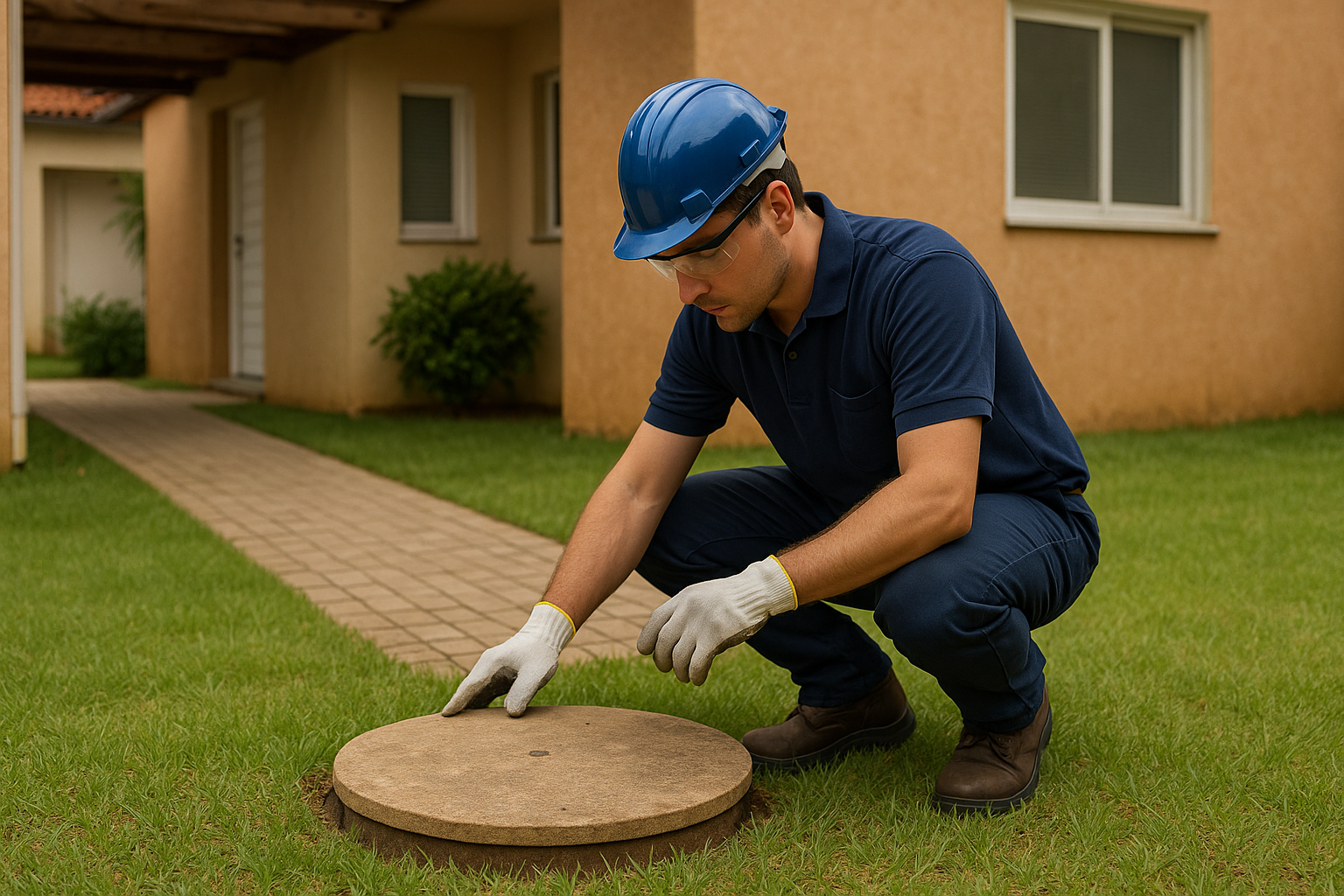 Área externa de casa com tampa de fossa séptica sendo inspecionada por técnico equipado