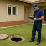 Tampa de fossa séptica em área residencial com técnico avaliando sinais de manutenção