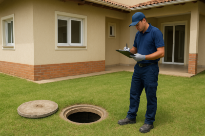 Tampa de fossa séptica em área residencial com técnico avaliando sinais de manutenção