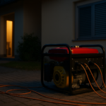 Gerador portátil instalado em área externa segura durante falta de energia em residência