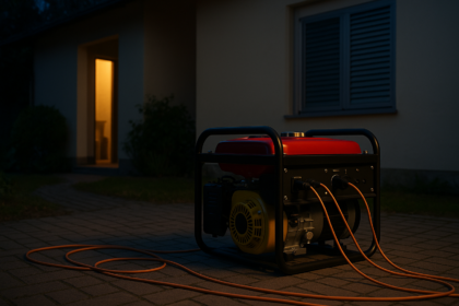 Gerador portátil instalado em área externa segura durante falta de energia em residência