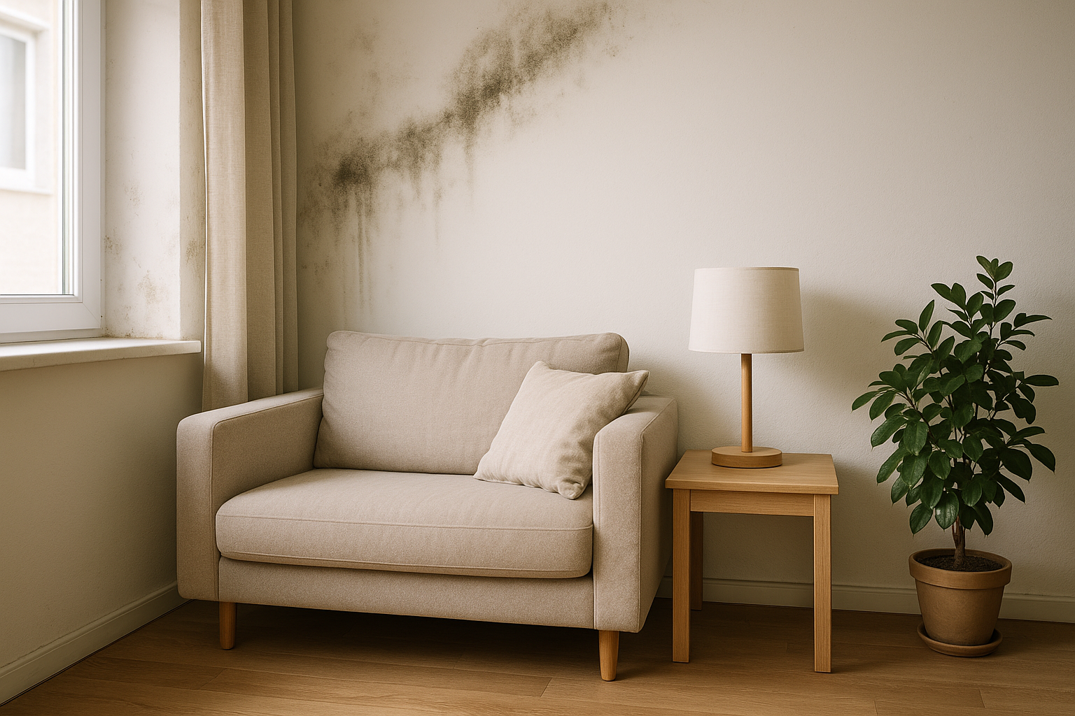 Parede residencial com sinais leves de umidade sendo inspecionada por profissional