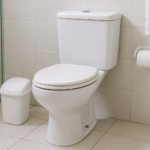 Banheiro residencial com vaso sanitário e lixeira com tampa para descarte correto de resíduos