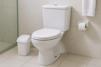 Banheiro residencial com vaso sanitário e lixeira com tampa para descarte correto de resíduos