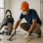 Profissional realizando limpeza pos-obra com aspirador e pano umido em ambiente residencial