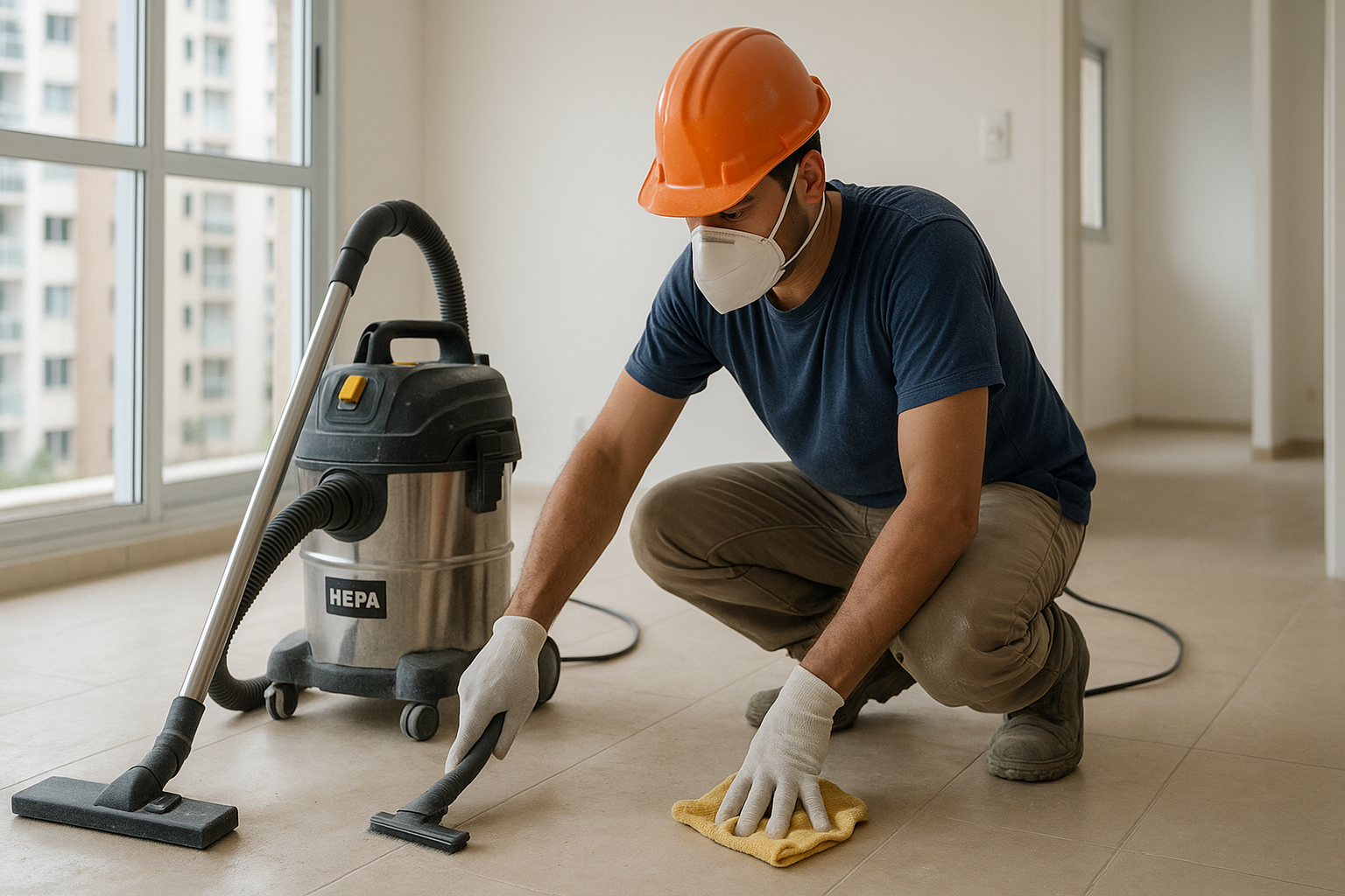 Profissional realizando limpeza pos-obra com aspirador e pano umido em ambiente residencial